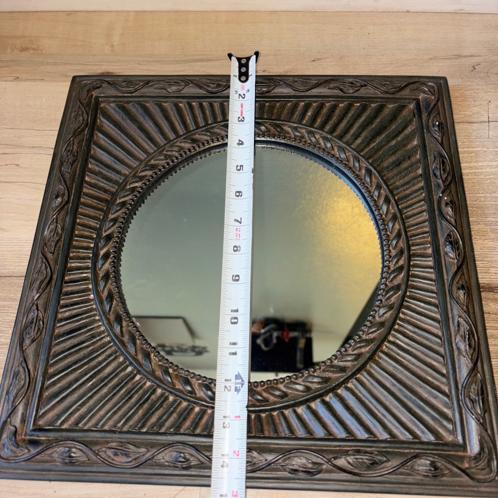 Square Dark Wood Sunburst Wall Mirror Ornate Leaf Vine Frame 14x14 Round Center - Picture 6 of 12